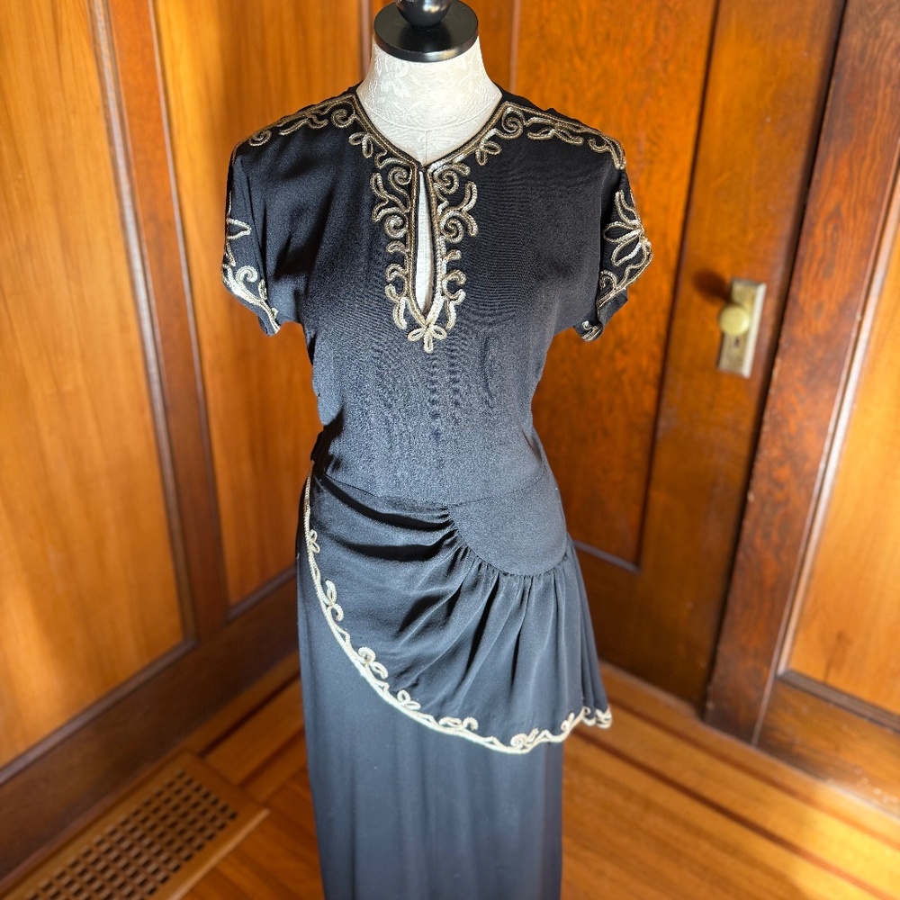 Vintage 40s 1940s Gown Maxi Dress, Black Gold Sequin, Asymmetrical Peplum Rayon